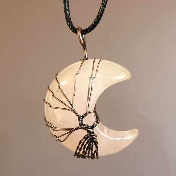 Rose Quartz Crescent Moon Natural Gemstone Tree Of Life Copper Wire Wrap Pendant - Picture 2 of 2